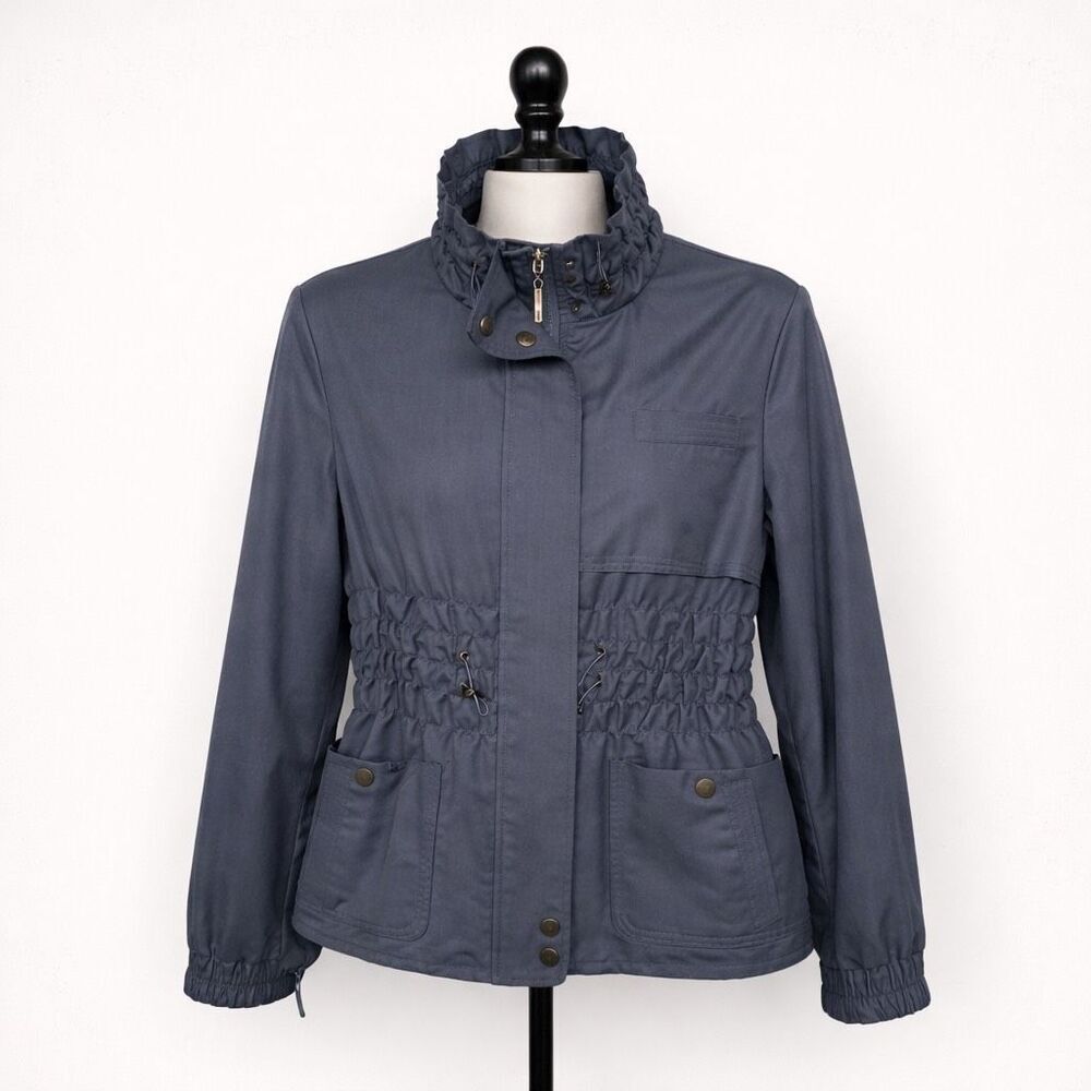 Due Per Due Ruffle Collar Utility Jacket Blue Lightweight Zip Snap Coat M